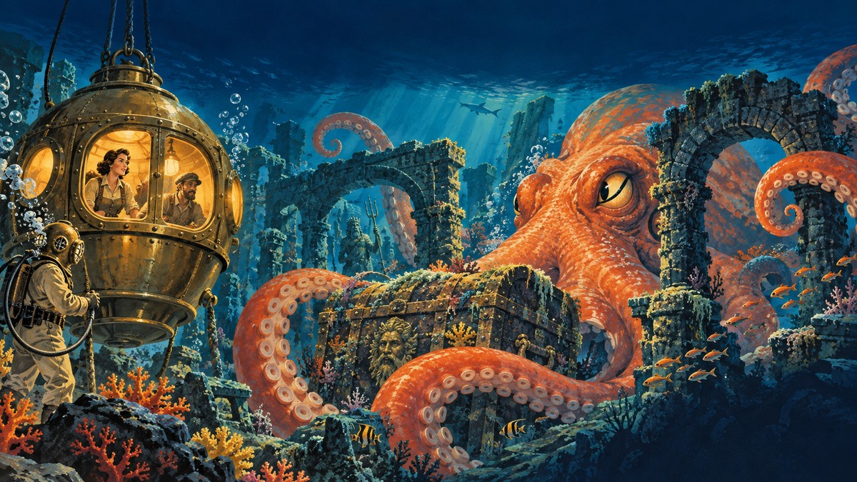 A woman expedition leader and an engineer peer from a brass diving bell as an enormous orange kraken curls around a treasure chest in turquoise ruins.